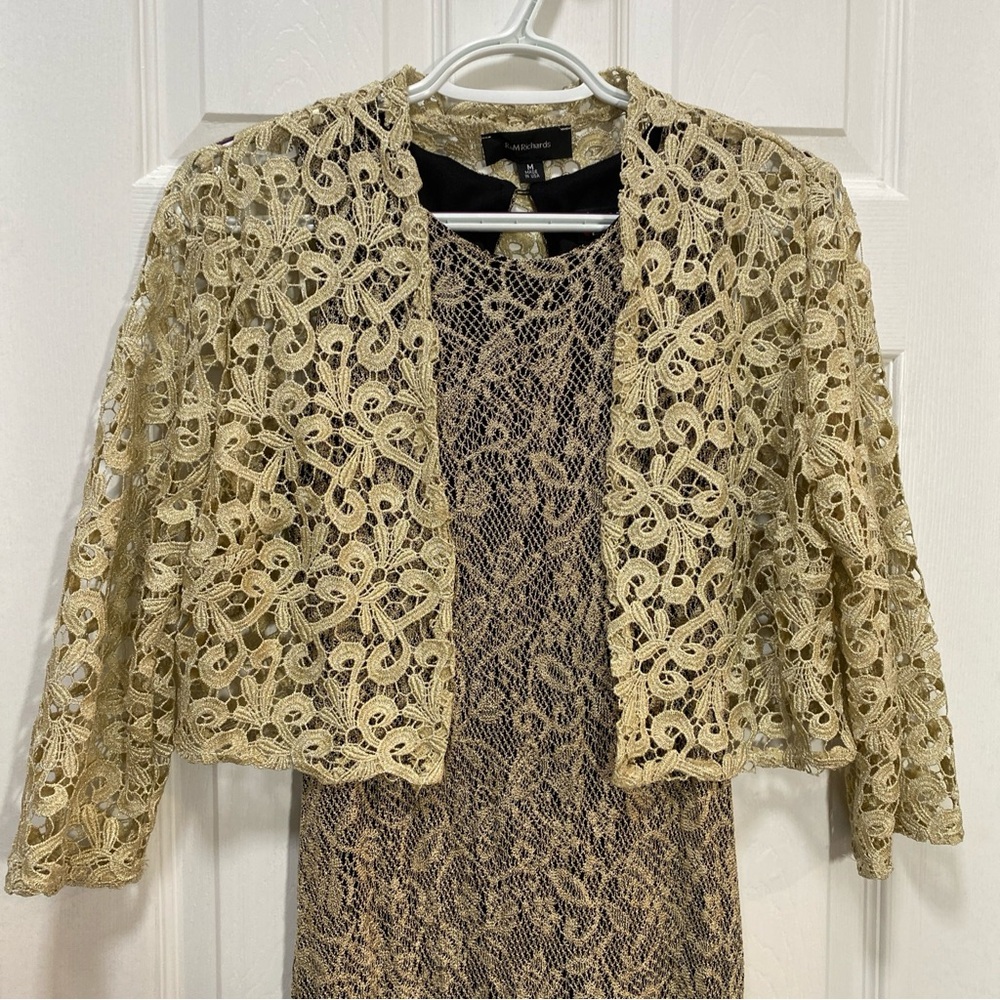 Helene Blake Dress Womens Small Gold Metallic Maxi Gown Formal w/ Lace Jacket